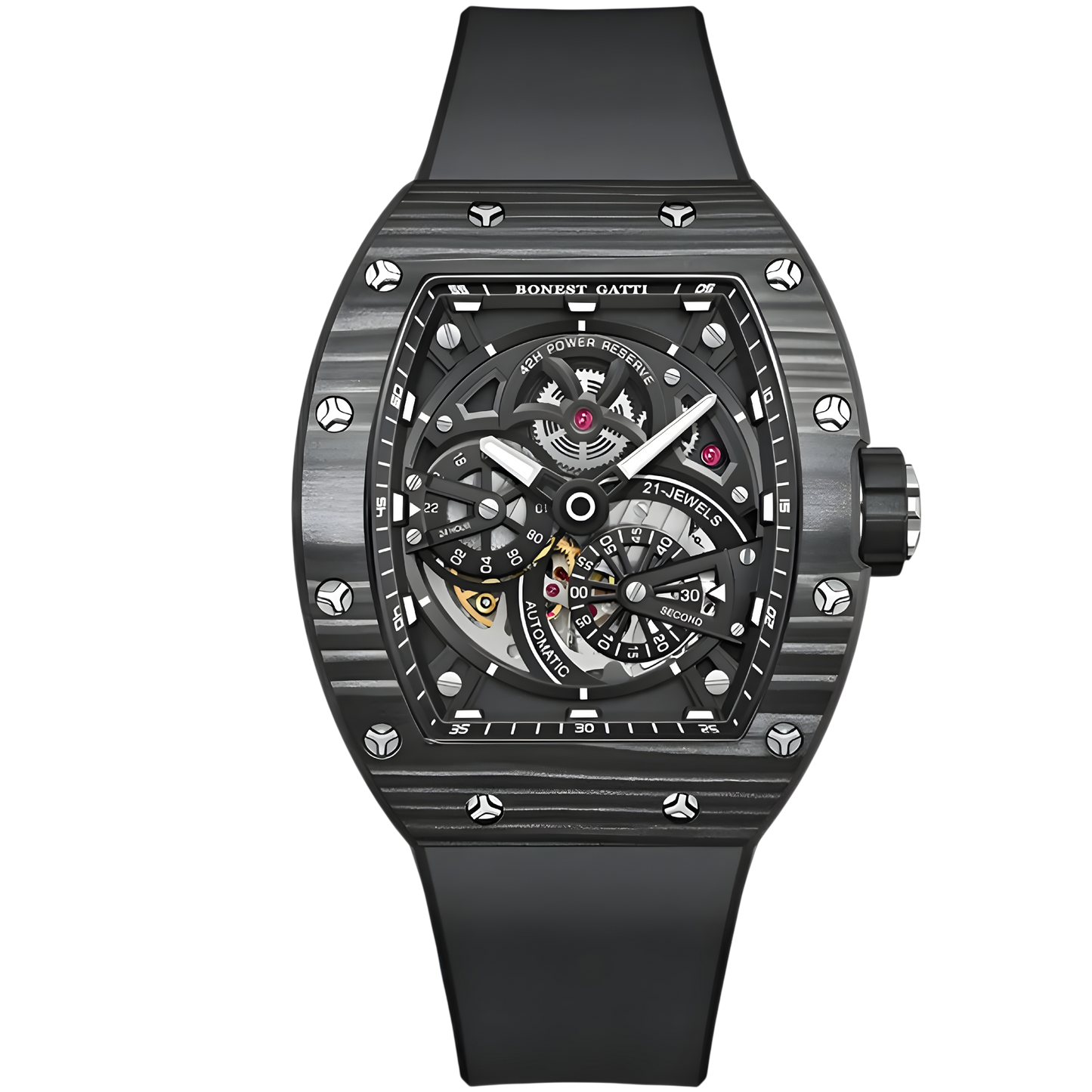 Bonest Gatti BG9004 automatic luminous watch with black carbon fiber case, skeleton dial architecture, and black rubber strap