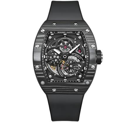 Bonest Gatti BG9004 automatic luminous watch with black carbon fiber case, skeleton dial architecture, and black rubber strap