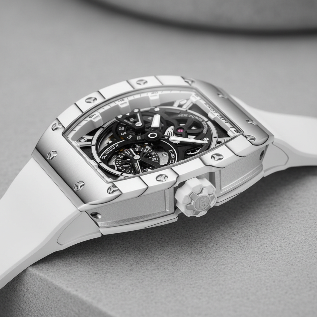 Bonest Gatti BG9004 automatic luminous carbon fiber watch showing angled side view with tonneau case, exposed skeleton dial, and integrated white rubber strap