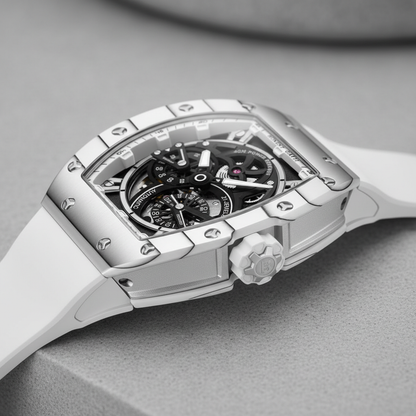 Bonest Gatti BG9004 automatic luminous carbon fiber watch showing angled side view with tonneau case, exposed skeleton dial, and integrated white rubber strap