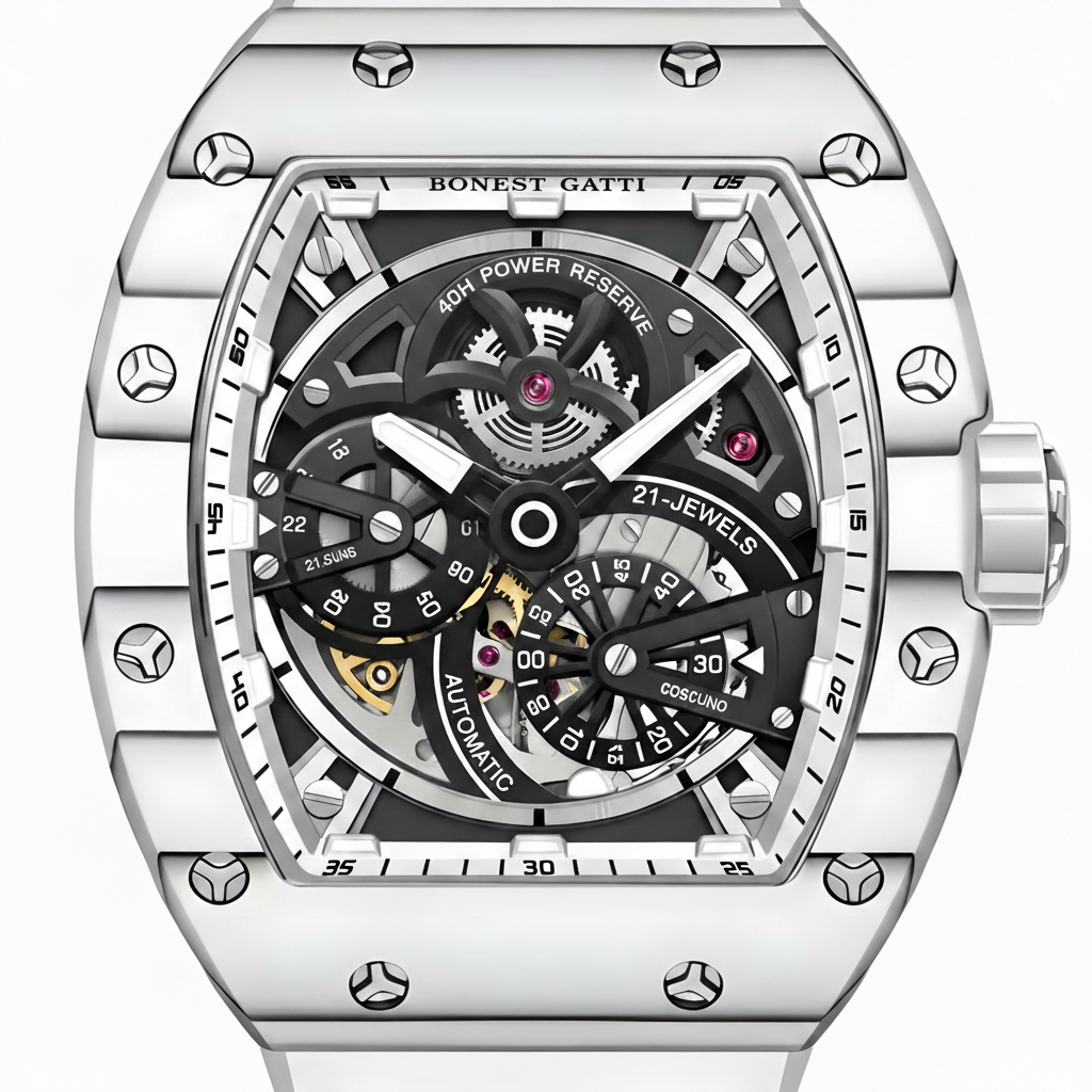 Bonest Gatti BG9004 skeleton dial macro view highlighting automatic movement, luminous hands, power reserve indicator, and 21 jewels