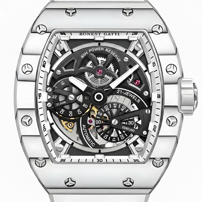 Bonest Gatti BG9004 skeleton dial macro view highlighting automatic movement, luminous hands, power reserve indicator, and 21 jewels