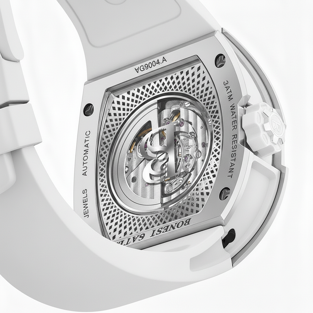 Bonest Gatti BG9004 automatic watch transparent caseback revealing mechanical movement, rotor design, and water resistant construction