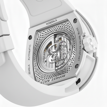 Bonest Gatti BG9004 automatic watch transparent caseback revealing mechanical movement, rotor design, and water resistant construction