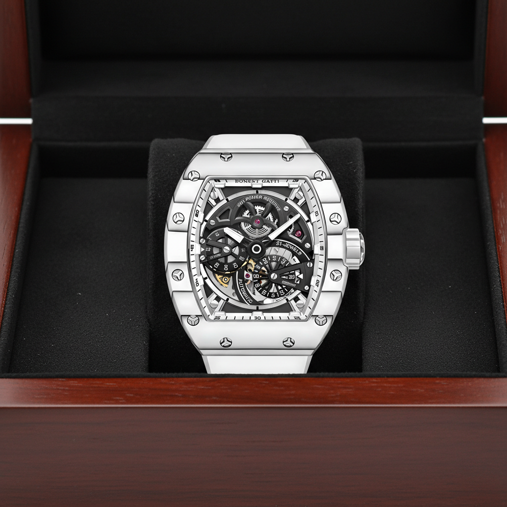 Bonest Gatti BG9004 automatic luminous carbon fiber watch displayed in premium presentation box with skeleton dial visible