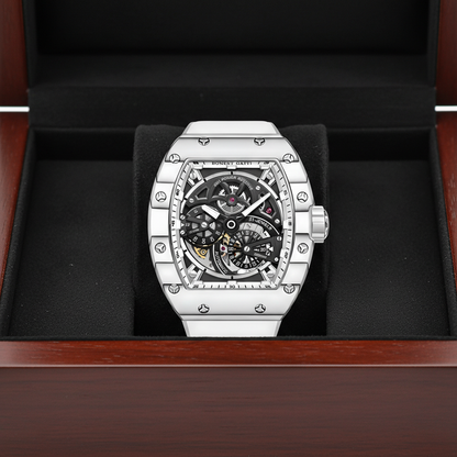 Bonest Gatti BG9004 automatic luminous carbon fiber watch displayed in premium presentation box with skeleton dial visible