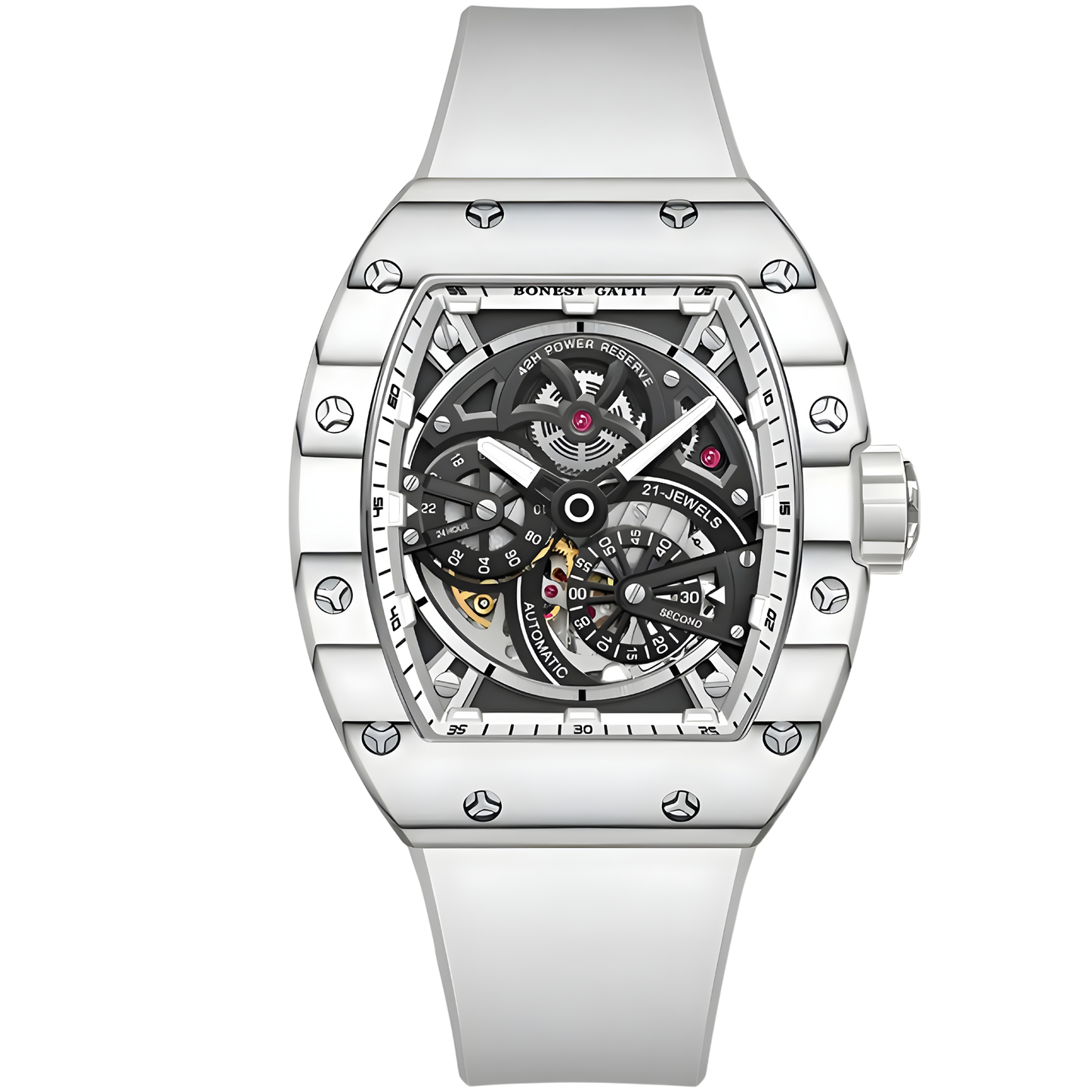 Bonest Gatti BG9004 automatic carbon fiber watch front view featuring white case, skeleton dial, luminous markers, and tonneau silhouette
