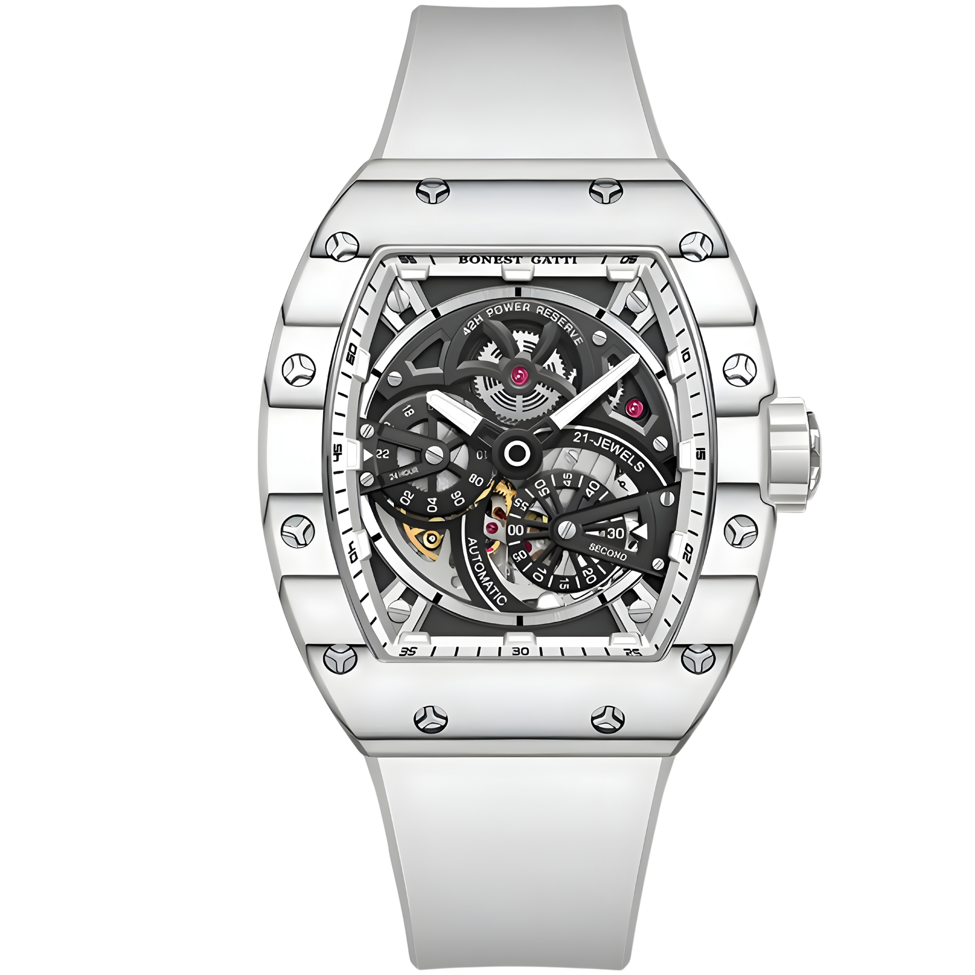 Bonest Gatti BG9004 automatic carbon fiber watch front view featuring white case, skeleton dial, luminous markers, and tonneau silhouette