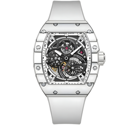 Bonest Gatti BG9004 automatic carbon fiber watch front view featuring white case, skeleton dial, luminous markers, and tonneau silhouette