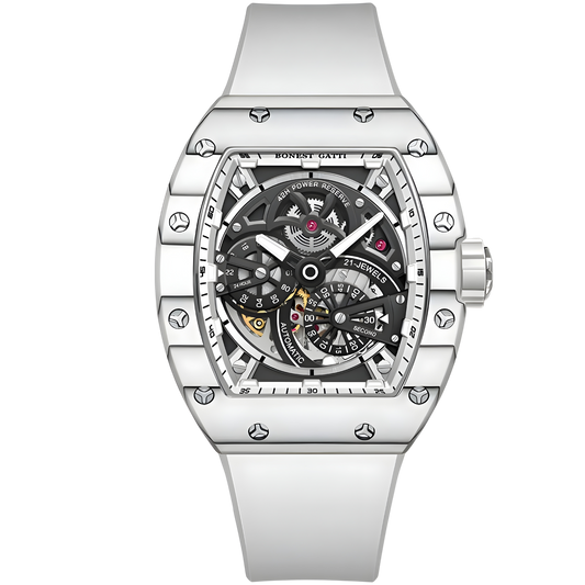 Bonest Gatti BG9004 automatic carbon fiber watch front view featuring white case, skeleton dial, luminous markers, and tonneau silhouette