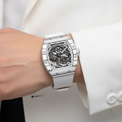 Bonest Gatti BG9004 automatic carbon fiber watch worn on wrist, showcasing skeleton dial, luminous hands, and luxury tonneau case design