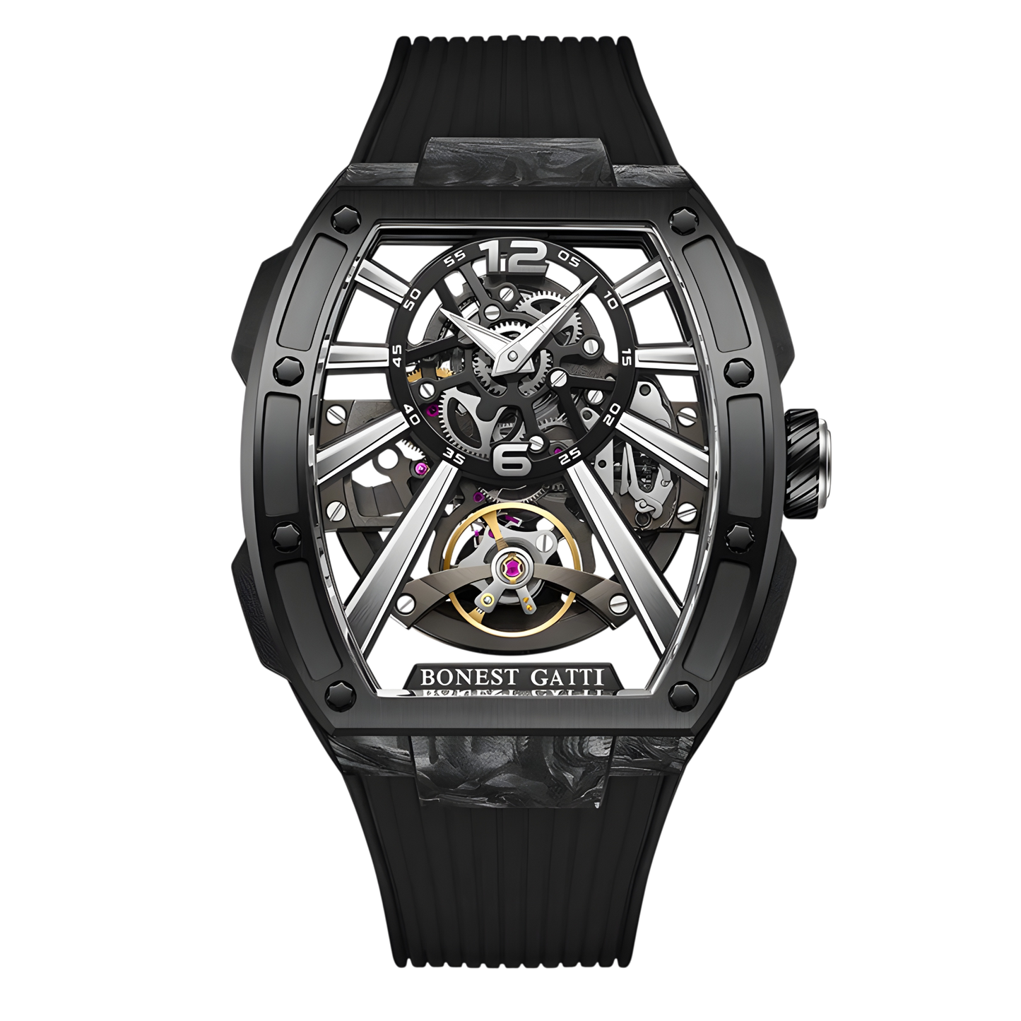 Bonest Gatti BG9005 automatic carbon fiber skeleton watch with full black design front view
