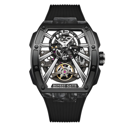 Bonest Gatti BG9005 automatic carbon fiber skeleton watch with full black design front view