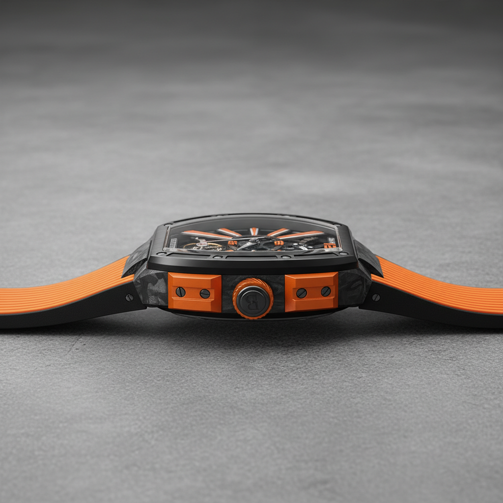 Side profile of Bonest Gatti BG9005 automatic skeleton watch highlighting carbon fiber case and orange crown