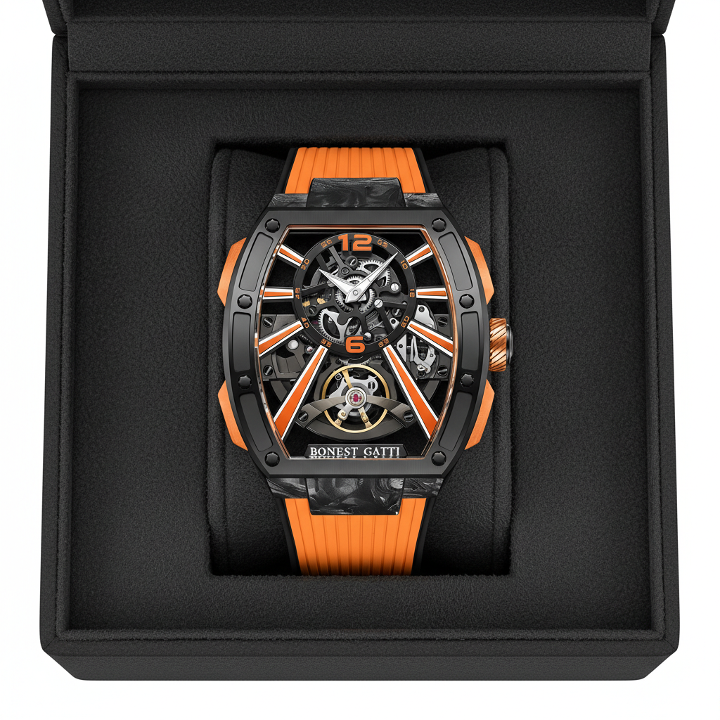 Bonest Gatti BG9005 luxury automatic skeleton watch presented in premium box with orange strap