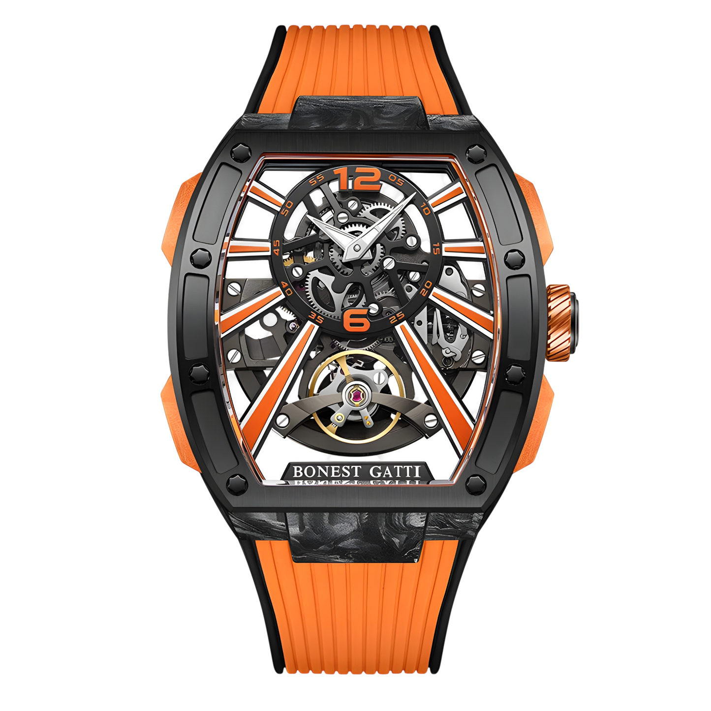 Bonest Gatti BG9005 automatic carbon fiber skeleton watch with orange accents and tonneau case front view on black background