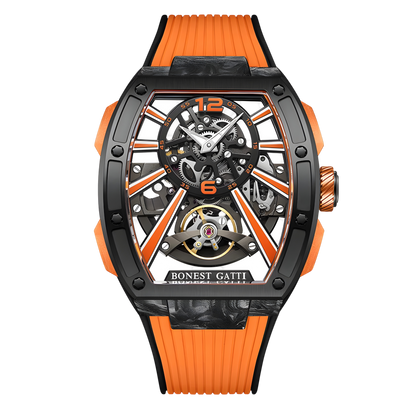 Bonest Gatti BG9005 automatic carbon fiber skeleton watch with orange accents and tonneau case front view on black background