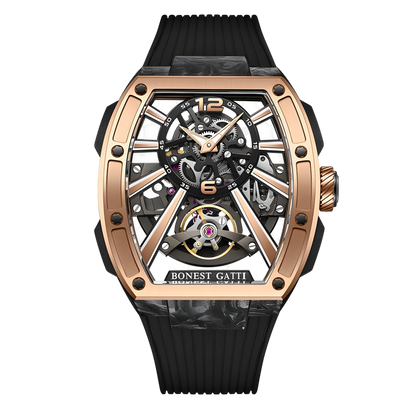 Bonest Gatti BG9005 automatic skeleton watch with rose gold bezel carbon fiber case front view