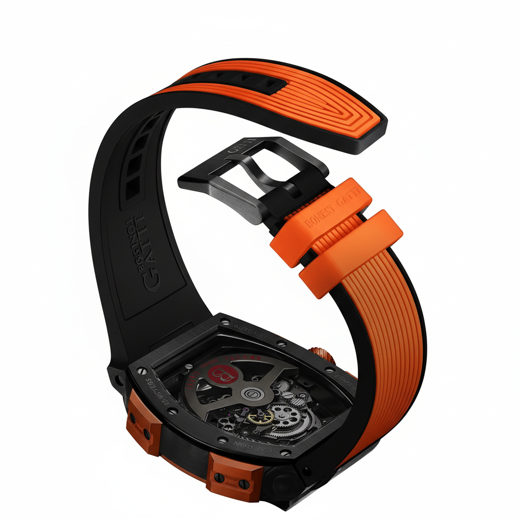 Close up of Bonest Gatti BG9005 orange rubber strap and metal buckle detail