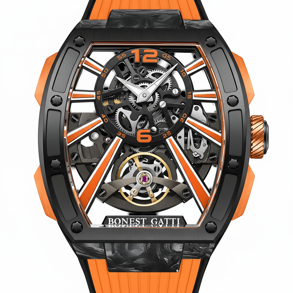 Macro close up of Bonest Gatti BG9005 skeleton dial showing exposed gears carbon fiber structure and orange markers