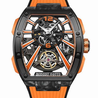 Macro close up of Bonest Gatti BG9005 skeleton dial showing exposed gears carbon fiber structure and orange markers