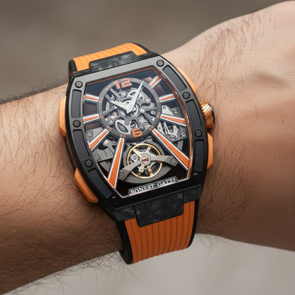 Bonest Gatti BG9005 automatic carbon fiber skeleton watch worn on wrist showing sporty luxury design