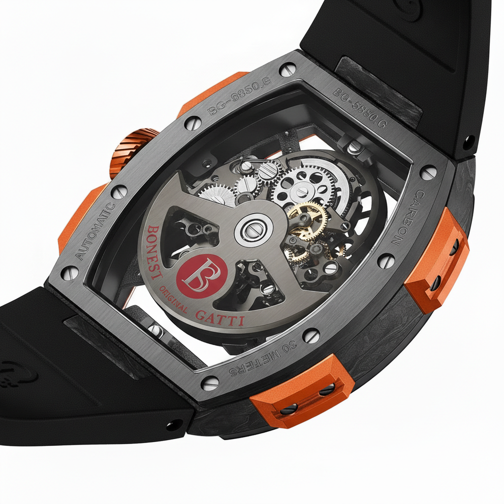 Transparent case back of Bonest Gatti BG9005 showing automatic mechanical movement and branded rotor