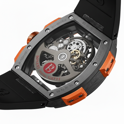 Transparent case back of Bonest Gatti BG9005 showing automatic mechanical movement and branded rotor