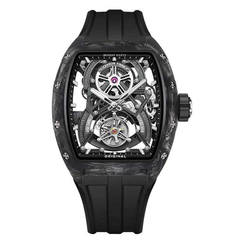 Men’s automatic tourbillon watch in black carbon fiber with rubber strap