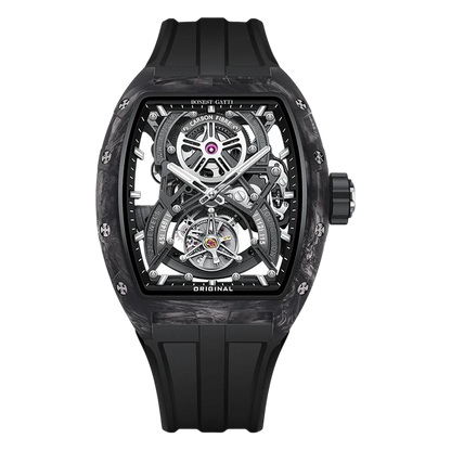 Men’s automatic tourbillon watch in black carbon fiber with rubber strap