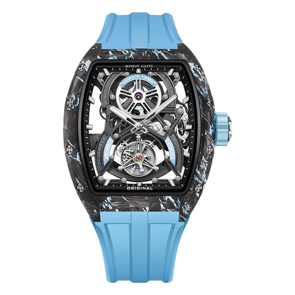 Automatic tourbillon watch with carbon fiber tonneau case and skeleton dial