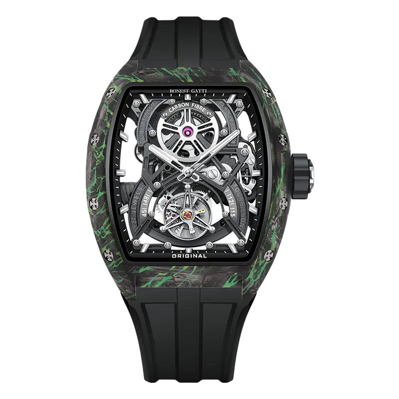 Tourbillon skeleton watch with green carbon accents and luminous hands