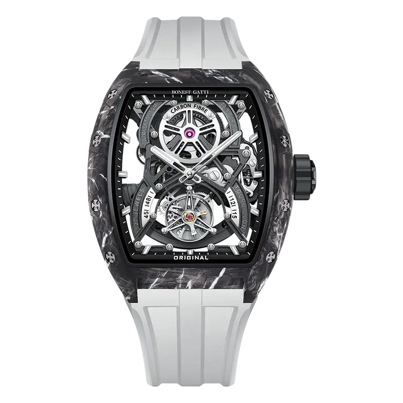 Skeleton tourbillon watch with white rubber strap and open-worked dial