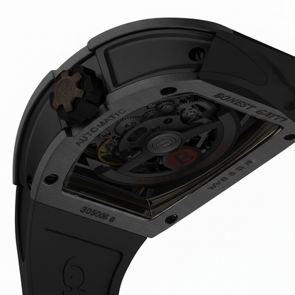 Bonest Gatti BG9008 tonneau automatic watch crown and case angle detail in black finish