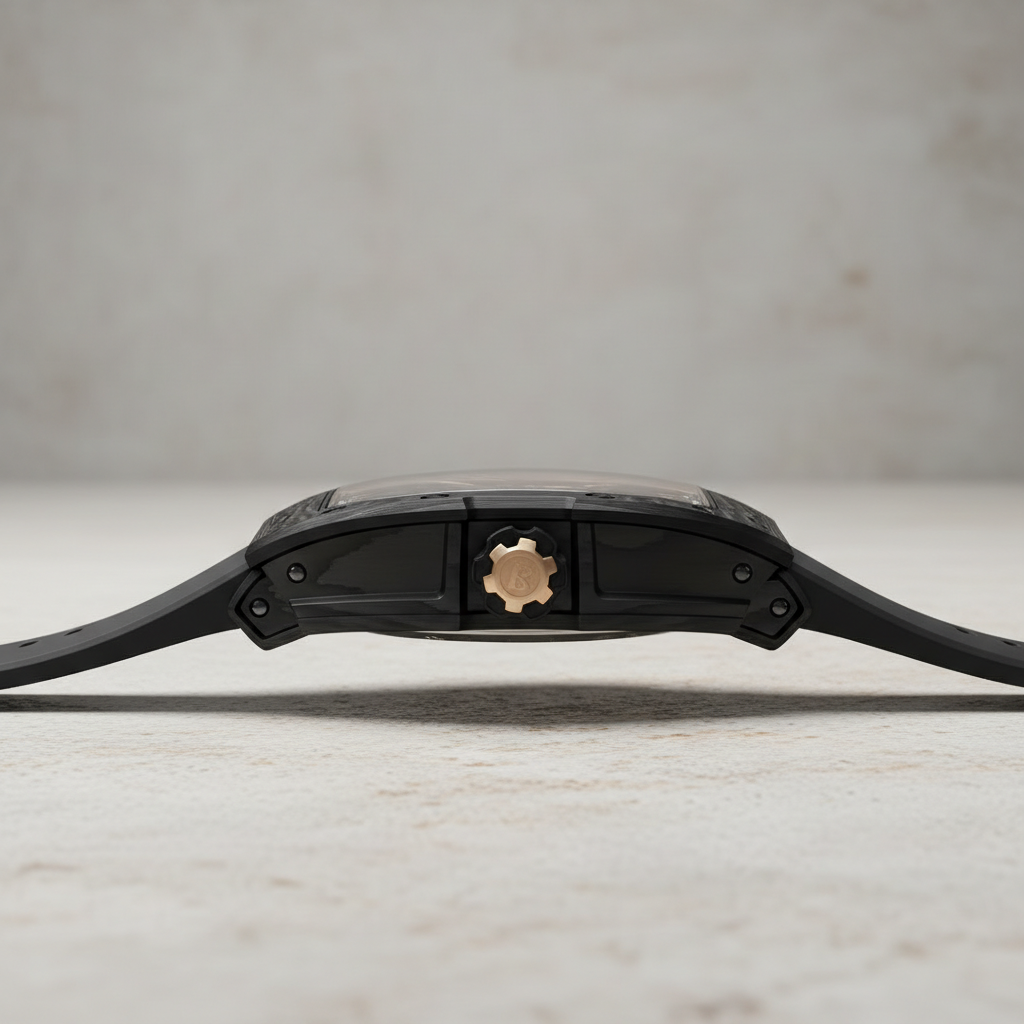 Bonest Gatti BG9008 automatic skeleton tonneau watch showing slim side profile and crown detail