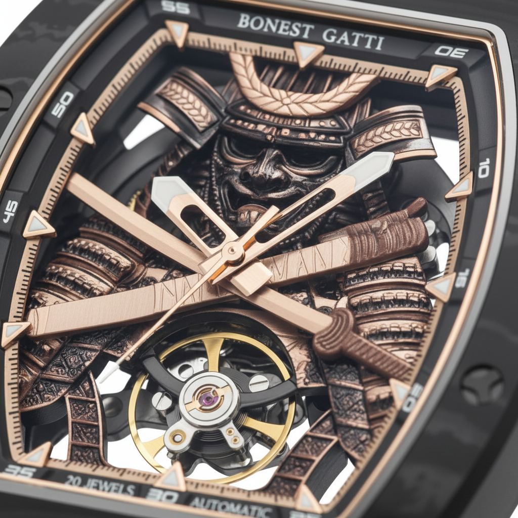 Bonest Gatti BG9008 automatic skeleton watch macro showing samurai dial and exposed tourbillon