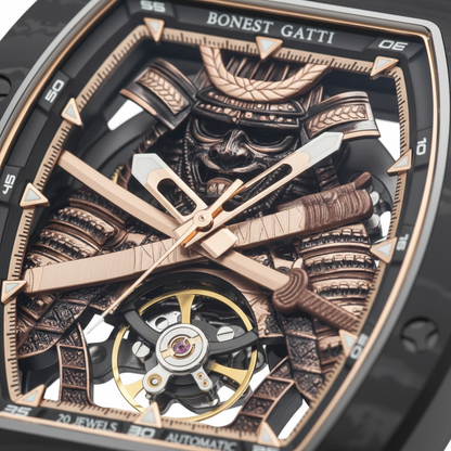 Bonest Gatti BG9008 automatic skeleton watch macro showing samurai dial and exposed tourbillon