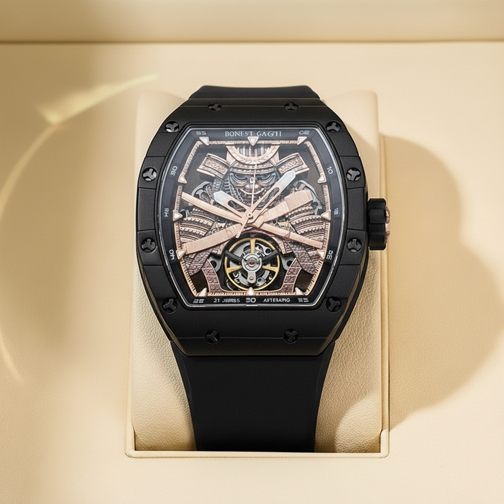Bonest Gatti BG9008 automatic skeleton tonneau watch displayed in premium presentation box