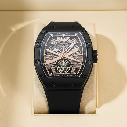 Bonest Gatti BG9008 automatic skeleton tonneau watch displayed in premium presentation box