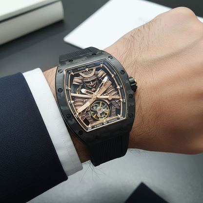 Bonest Gatti BG9008 automatic skeleton tonneau watch worn on wrist in elegant lifestyle setting
