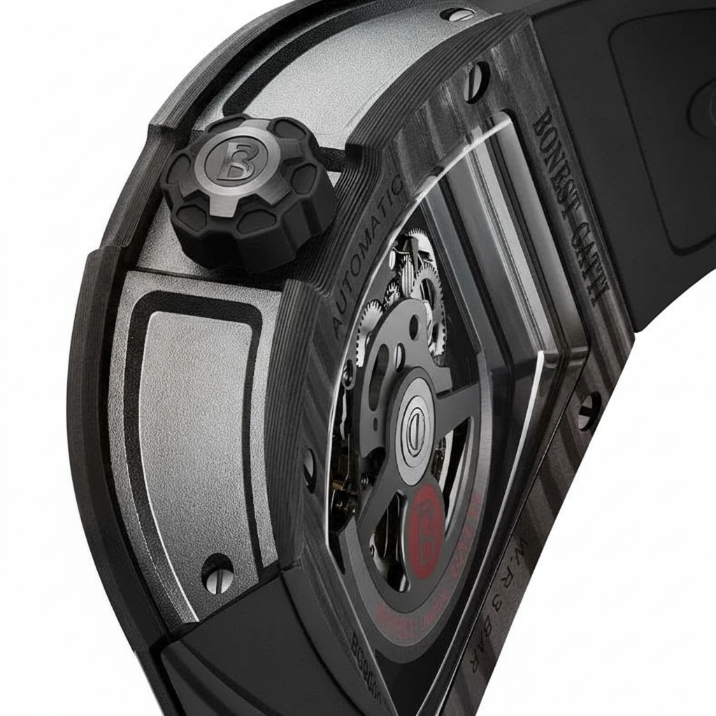 BONEST GATTI BG9009 automatic skeleton watch with transparent caseback showcasing mechanical movement