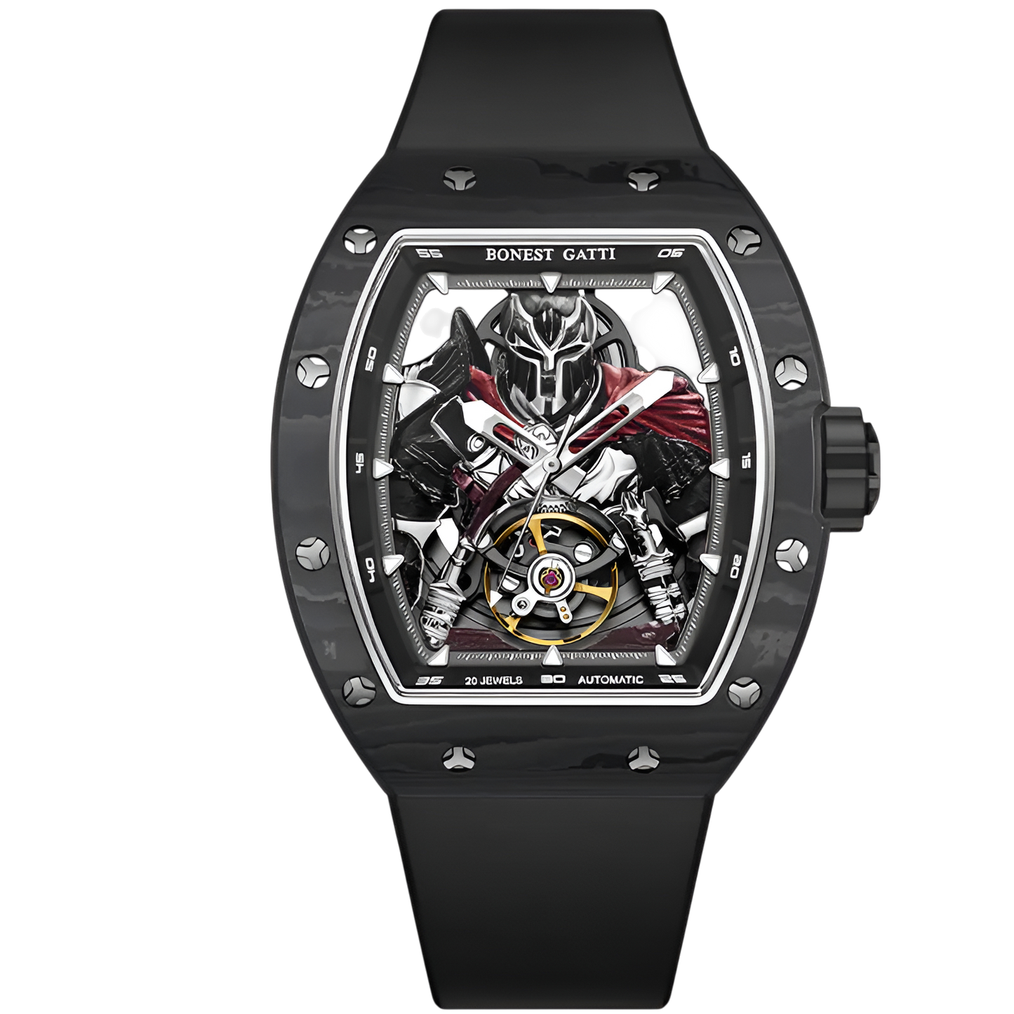 BONEST GATTI BG9009 automatic warrior skeleton watch featuring carbon fiber tonneau case and black strap front view