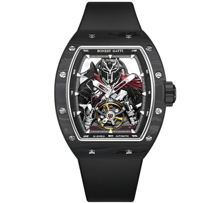 BONEST GATTI BG9009 automatic warrior skeleton watch featuring carbon fiber tonneau case and black strap front view