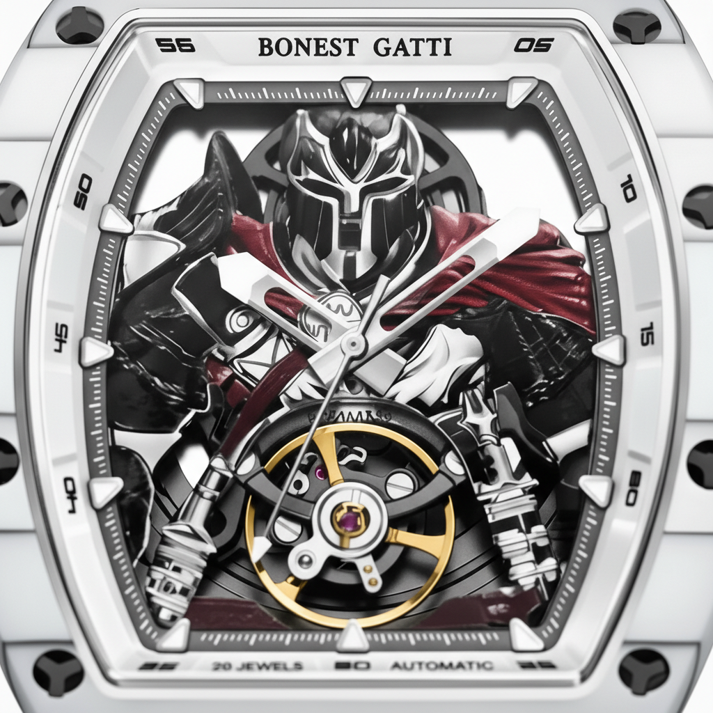 BONEST GATTI BG9009 warrior skeleton dial close up with exposed balance wheel and white tonneau case