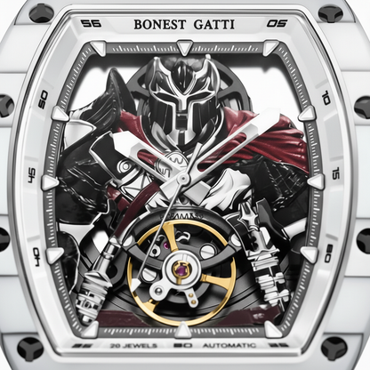 BONEST GATTI BG9009 warrior skeleton dial close up with exposed balance wheel and white tonneau case