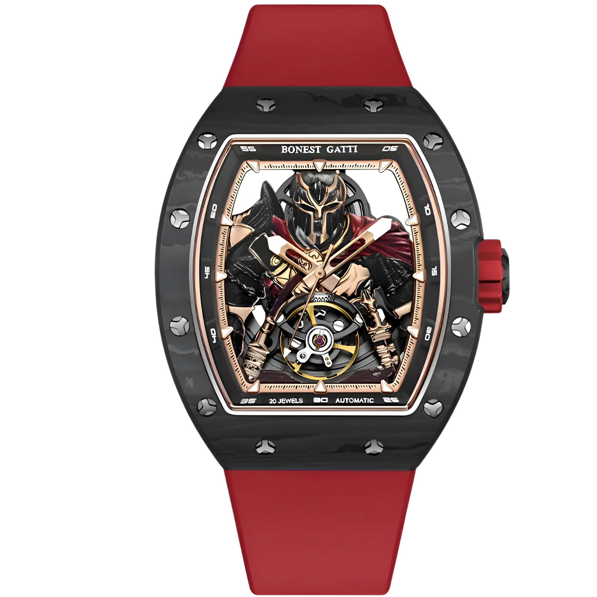 BONEST GATTI BG9009 automatic warrior skeleton watch featuring carbon fiber tonneau case and red marble strap front view