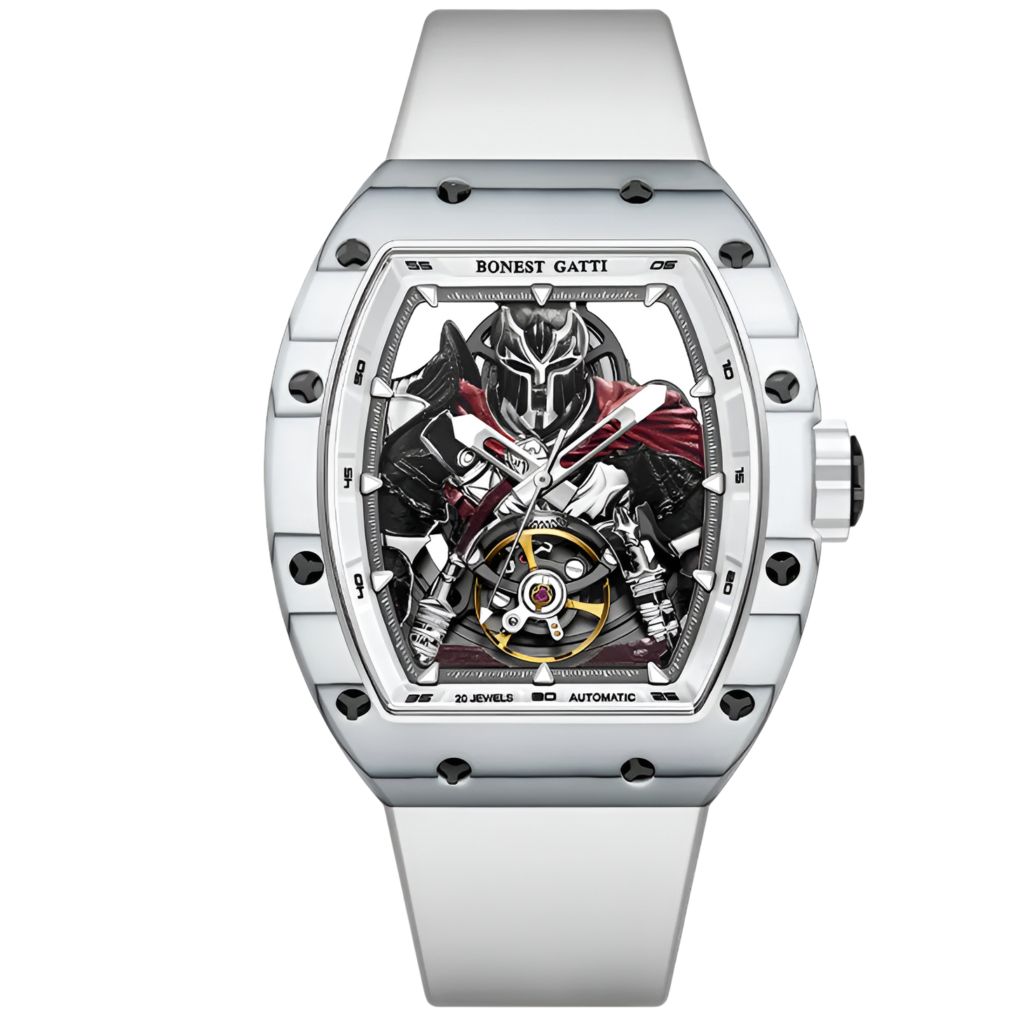 BONEST GATTI BG9009 automatic warrior skeleton watch with white strap and carbon fiber tonneau case