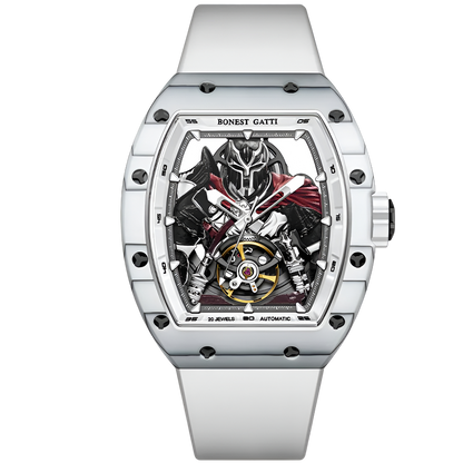 BONEST GATTI BG9009 automatic warrior skeleton watch with white strap and carbon fiber tonneau case