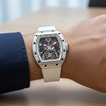 BONEST GATTI BG9009 automatic skeleton watch worn on wrist with white strap lifestyle image