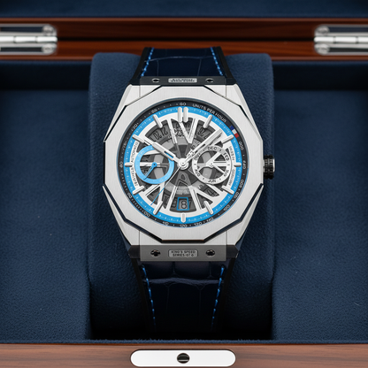 BONEST GATTI BG9601-L automatic skeleton watch with blue sapphire dial displayed in luxury presentation box